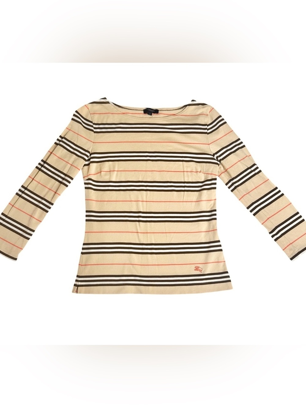 Vintage Burberry Cream Striped Long-Sleeve Tee with Brown & Pink Accents Size 2
